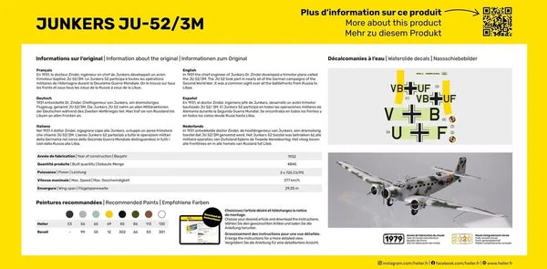 Direct rear packaging view of Heller Junkers Ju-52/3M model kit displaying paint codes and decal sheet layout.