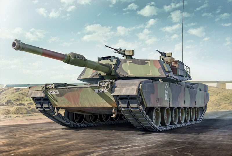 High-quality box art illustration of an M1A1 Abrams tank in modern US Army camouflage.