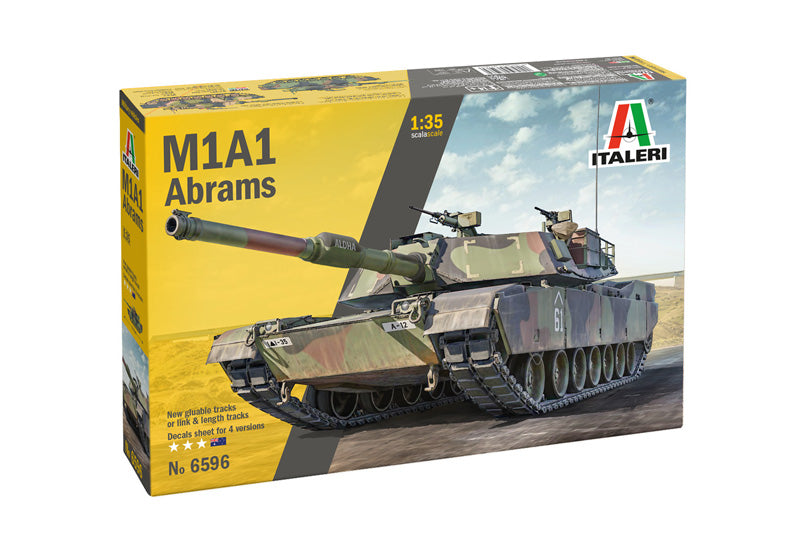 Italeri 1:35 scale M1A1 Abrams main battle tank model kit box showing a 3-color NATO camo tank.
