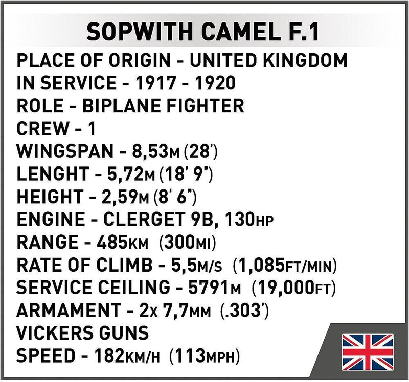 Sopwith F.1 Camel, 176 Piece 1:32 Scale Block Kit Technical Details