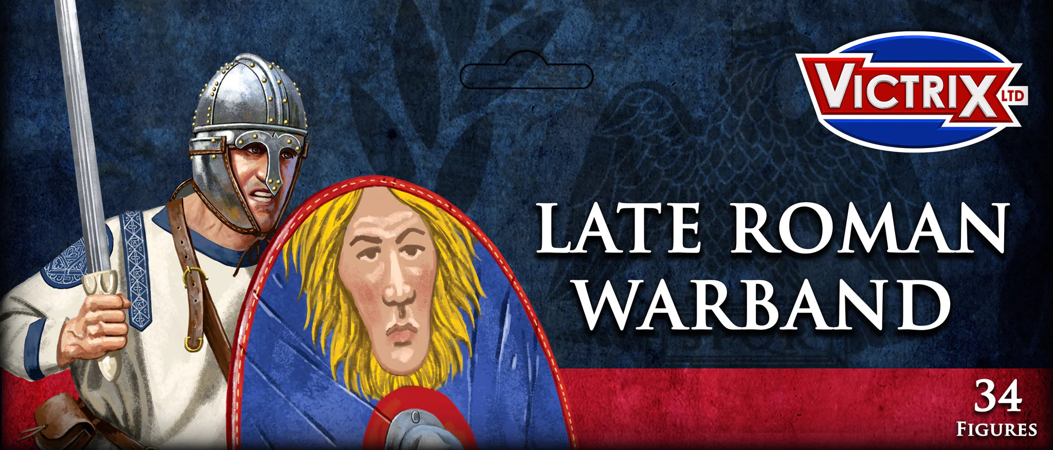 Victrix Limited 28mm Late Roman Warband cardstock header art showing legionary and auxiliary