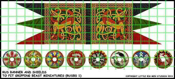 Little Big Men Studios Pagan Rus banner and shield transfer sheet for Gripping Beast 28mm miniatures