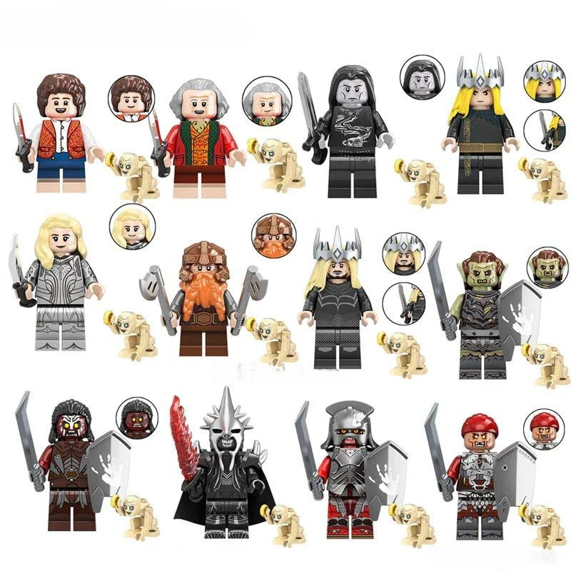 Minifigure Toys Lord of the Rings set of 12 featuring Frodo Bilbo Galadriel Thranduil and Witch-king custom minifigures.