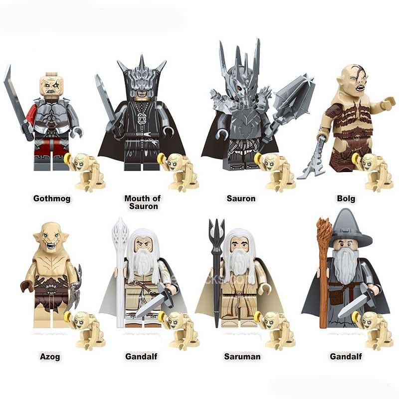 Minifigure Toys Lord of the Rings set of 8 featuring Sauron Gandalf Saruman and Azog custom minifigures.