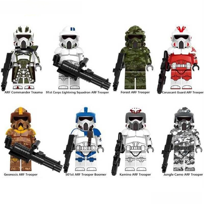 Minifigure Toys ARF Clone Troopers set of 8 custom LEGO compatible minifigures featuring Commander Trauma Boomer and camo scouts.