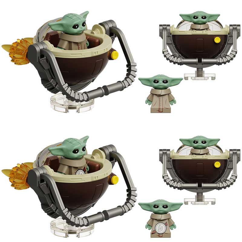 Minifigure Toys Grogu in hovering pram set of 2 custom LEGO compatible minifigures with transparent flight stands.