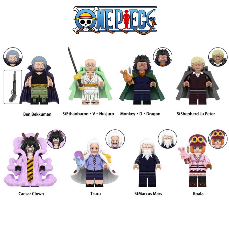 Minifigure Toys One Piece anime set of 8 custom LEGO compatible minifigures featuring Gorosei Dragon and Benn Beckman.