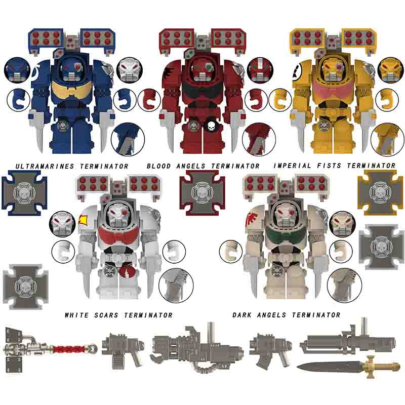 Minifigure Toys Warhammer 40K Terminator set of 5 custom big minifigures with missile pods and heavy weapons.