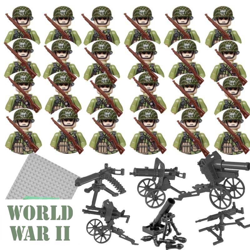 Minifigure Toys World War 2 American soldiers set of 24 custom LEGO compatible minifigures with field artillery and Maxim guns.