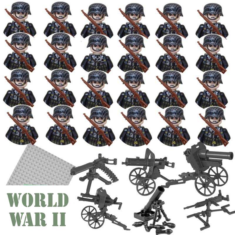 Minifigure Toys World War 2 German soldiers set of 24 custom LEGO compatible minifigures with field artillery and Maxim guns.