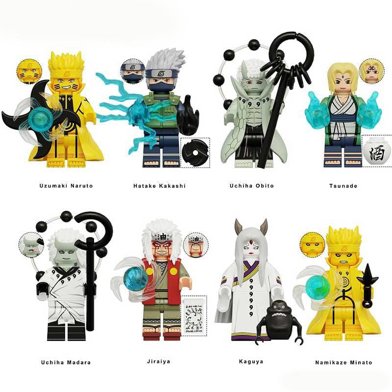 Minifigure Toys Naruto set of 8 custom minifigures featuring Naruto Kakashi Obito Tsunade Madara Jiraiya Kaguya and Minato.