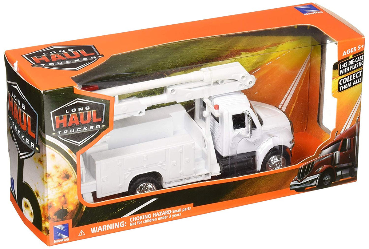 New-Ray 1/43 International 4200 line maintenance truck in orange Long Haul Trucker packaging.