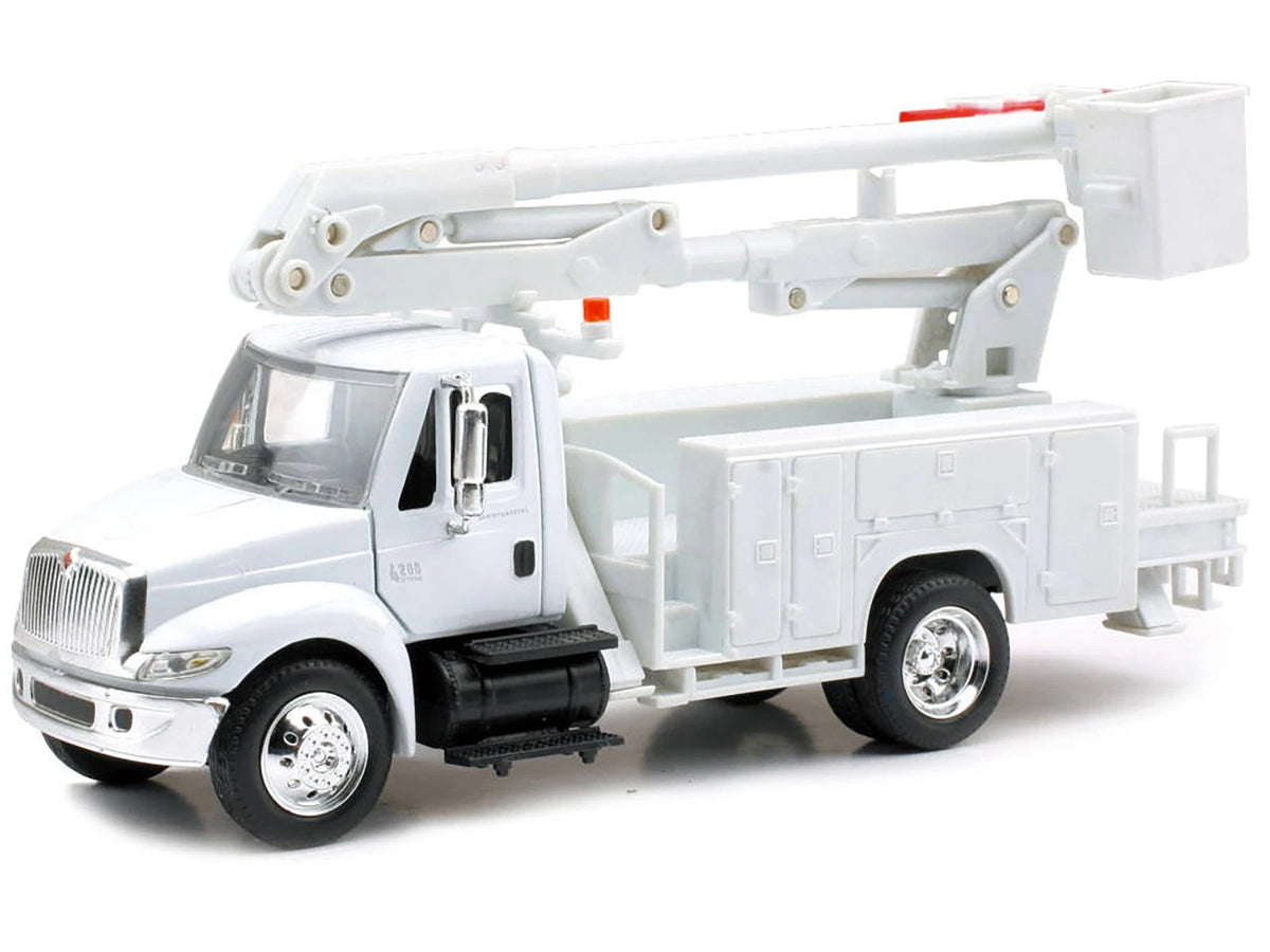 Side view of the white 1/43 scale New-Ray International 4200 line maintenance truck with folded cherry picker boom.