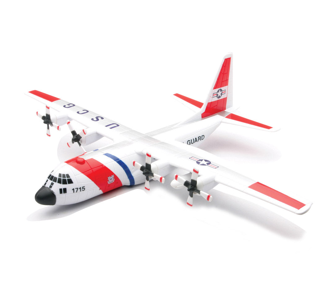 Assembled New-Ray Lockheed C-130 Hercules US Coast Guard aircraft model with pre-painted red and white markings.