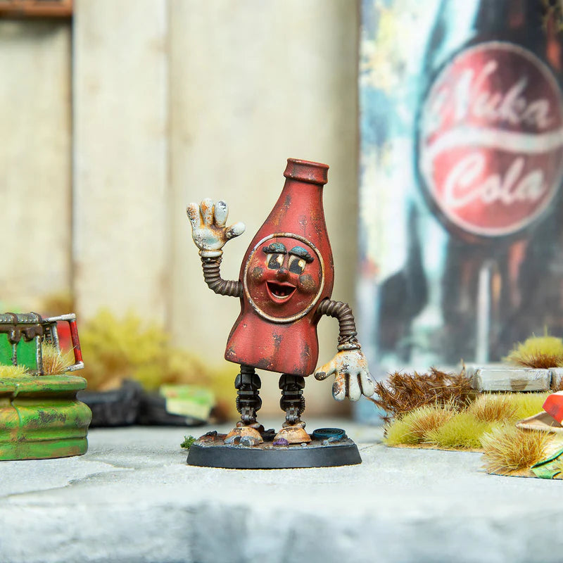 Painted N.I.R.A. miniature in a narrative Nuka-World tabletop battle scene