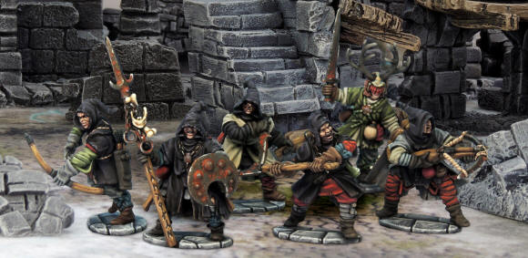 A group of painted Frostgrave Cultists and Undead miniatures in a tabletop ruins setting.