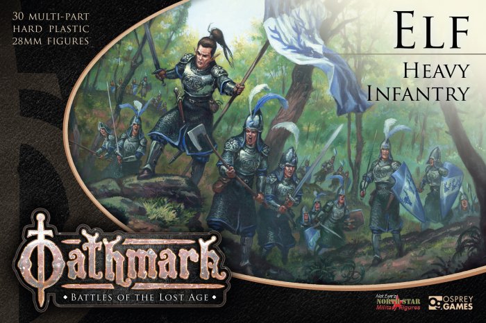 Official box art for Oathmark Elf Heavy Infantry 28mm plastic miniatures by North Star Military Figures and Osprey Games.