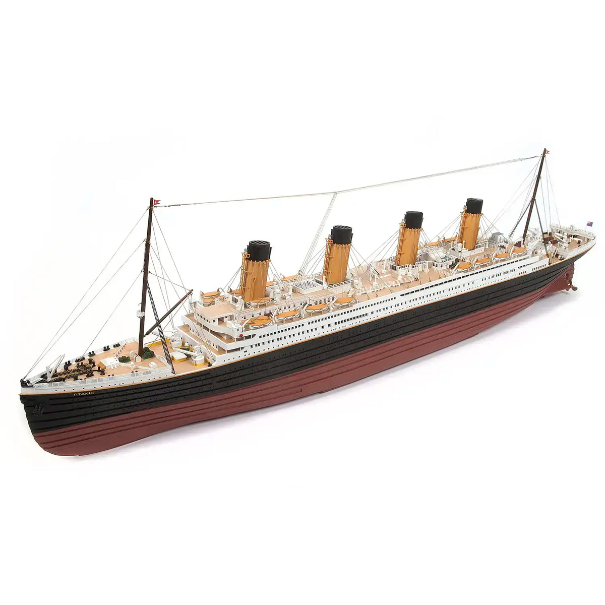 Occre 1/300 scale RMS Titanic wooden model kit completed broadside profile showing funnels and decks