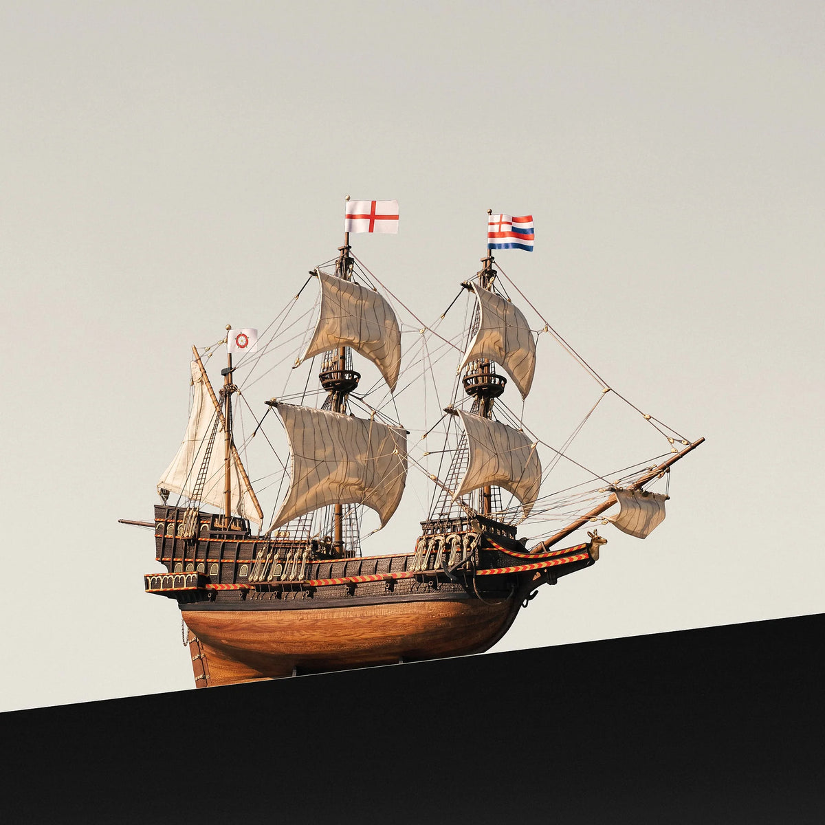 Low angle view of the completed Occre 1/85 Golden Hind galleon model showing billowed sails