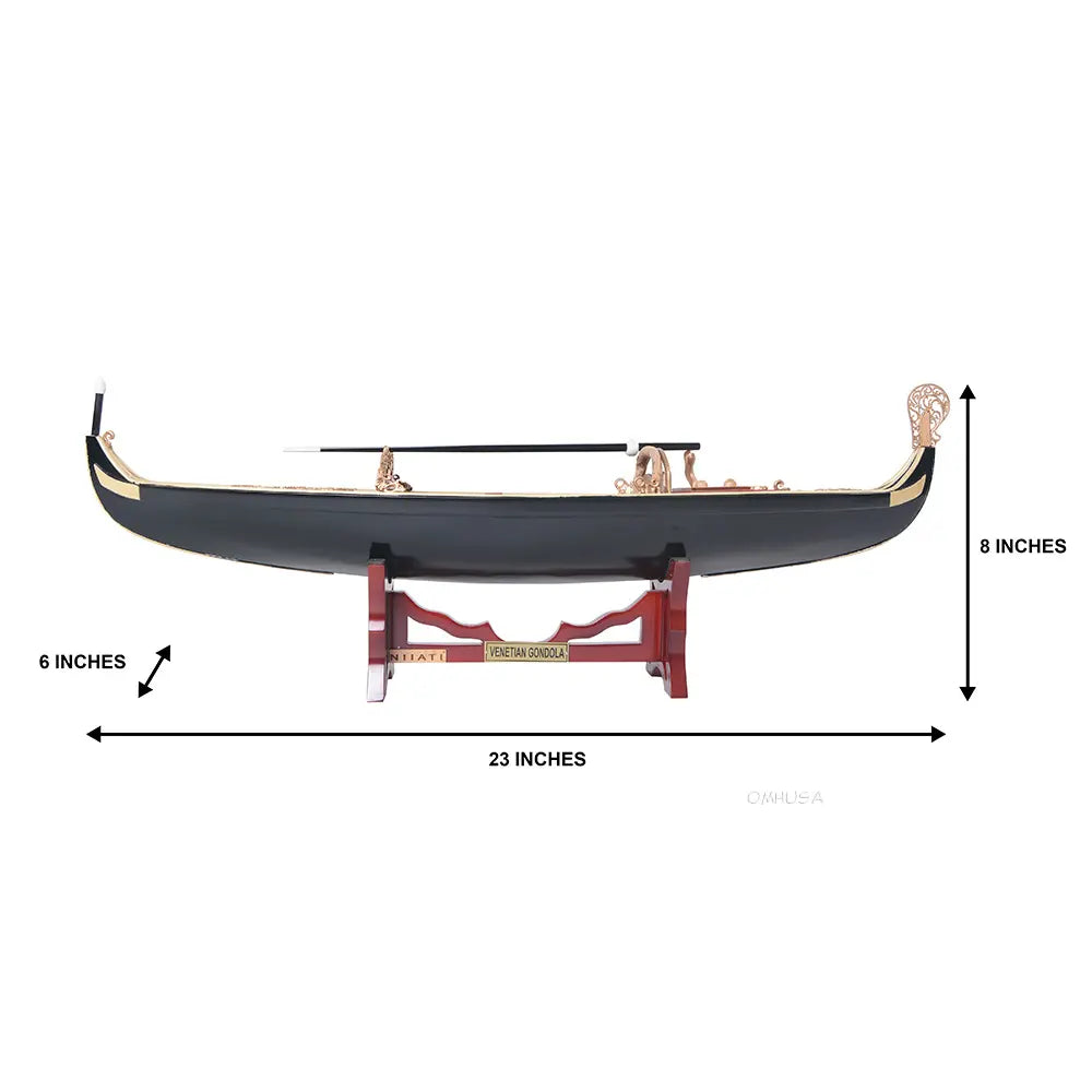 Side profile of Old Modern Handicrafts Venetian Gondola wooden plank-on-frame model with dimensions