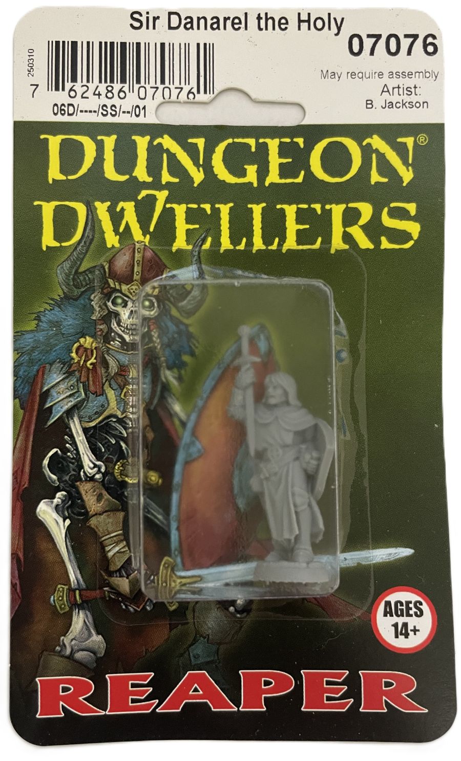 Unpainted Reaper Miniatures Sir Danarel The Holy 07076 in Dungeon Dwellers blister packaging.