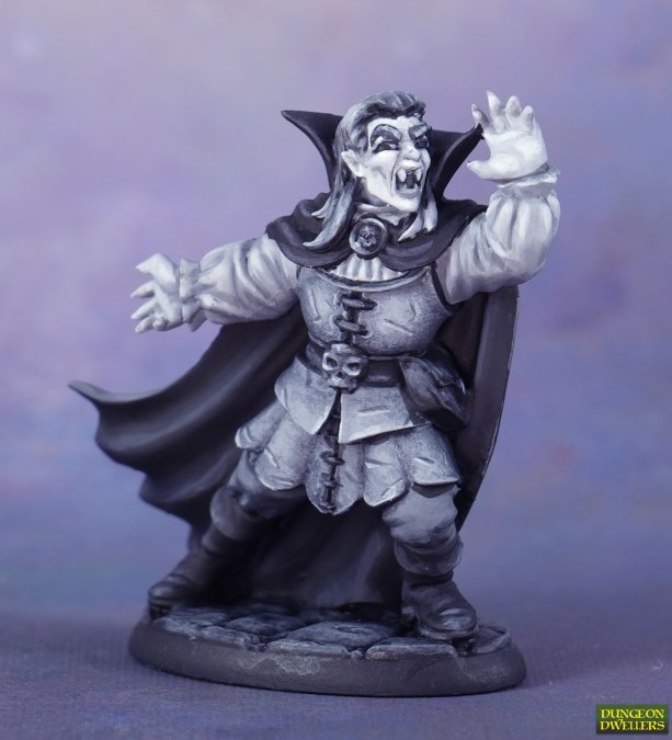 Side angle view of painted Kaspar Von Mondstein Vampire miniature in 28mm scale.