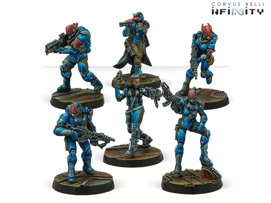 Six painted metal miniatures from the PanOceania Pack Alpha for Infinity the Game.