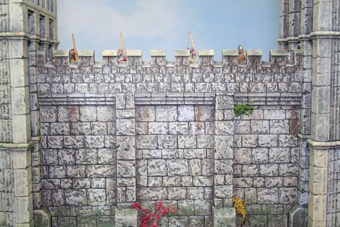 Fully assembled and painted 28mm scale Castle Wall Section featuring archers on the walkway and detailed masonry.