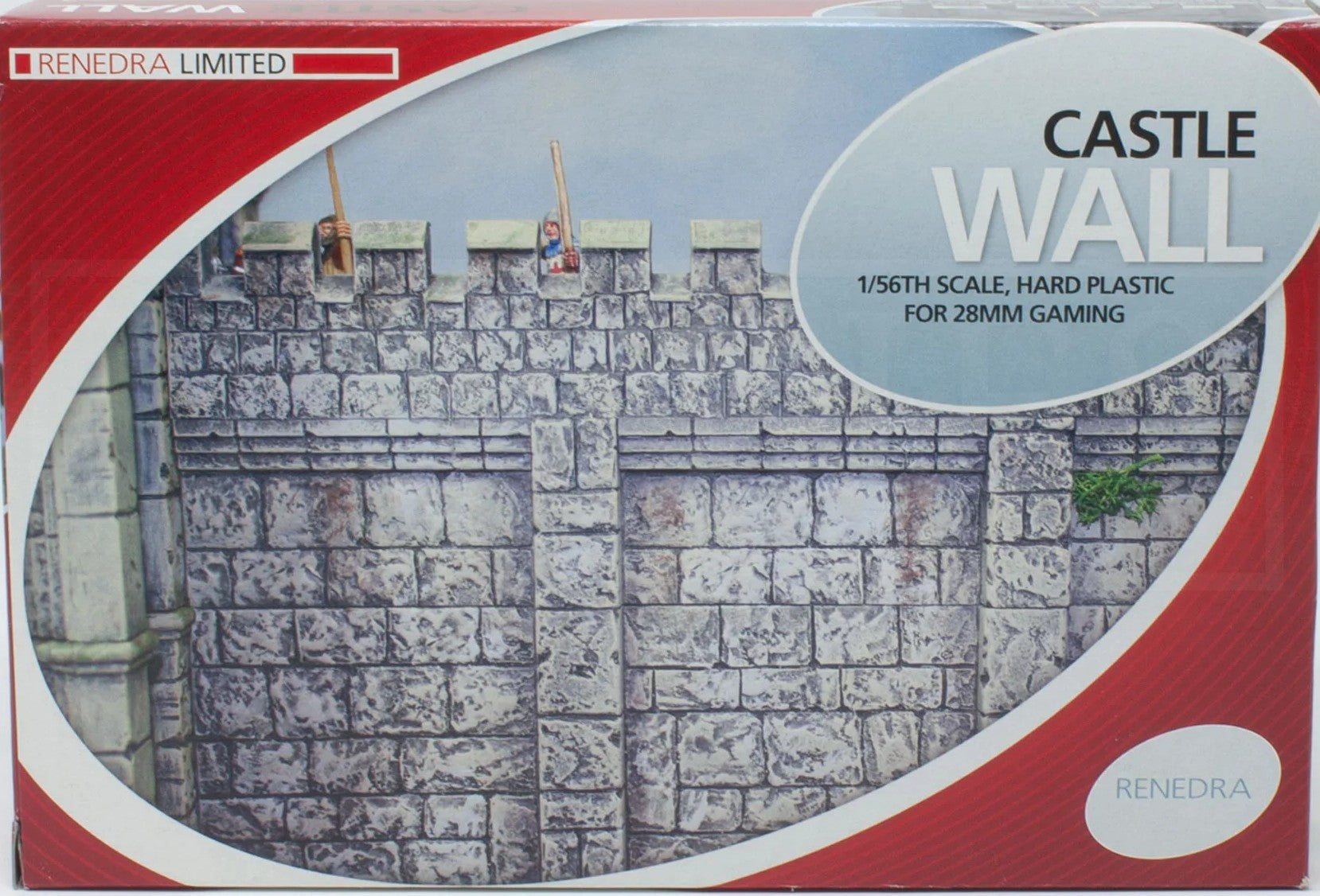 Box art for the 28mm Renedra Castle Wall Section showing historical scale accuracy for wargaming.