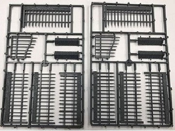 Two gray hard plastic sprue frames for the Renedra Railings and Gate kit showcasing the modular fence sections and masonry pillars