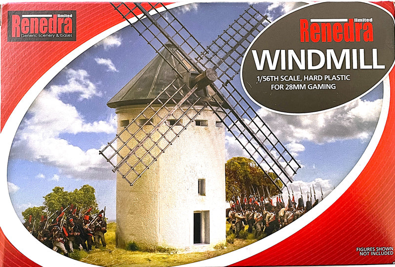 1/56 Scale Renedra Windmill hard plastic model kit box front showing 28mm scale miniatures for size comparison.