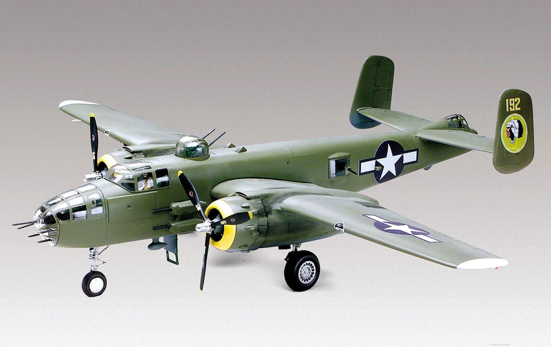 Assembled and painted Revell 1/48 scale B-25J Mitchell bomber with 345th Bomb Group markings