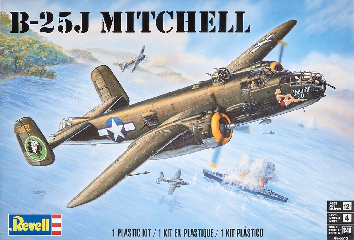 Revell 1/48 scale North American B-25J Mitchell Level 4 plastic model aircraft kit box artwork.