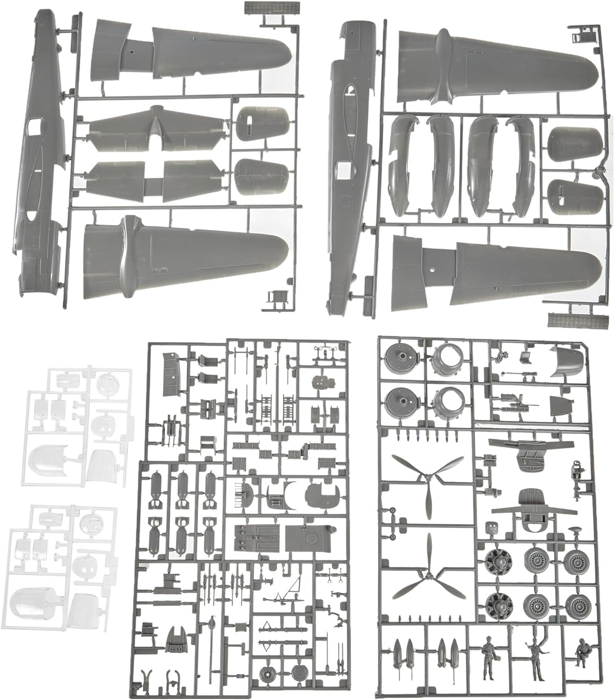 North American B-25J Mitchell 1/48 Scale Model Kit Complete sprue trees in light gray and clear plastic showing wings, fuselage halves, and clear canopy frames.