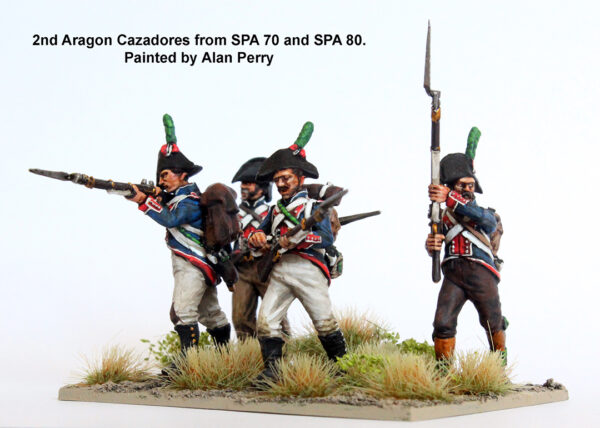 Painted and assembled Spanish Infantry miniatures in firing poses