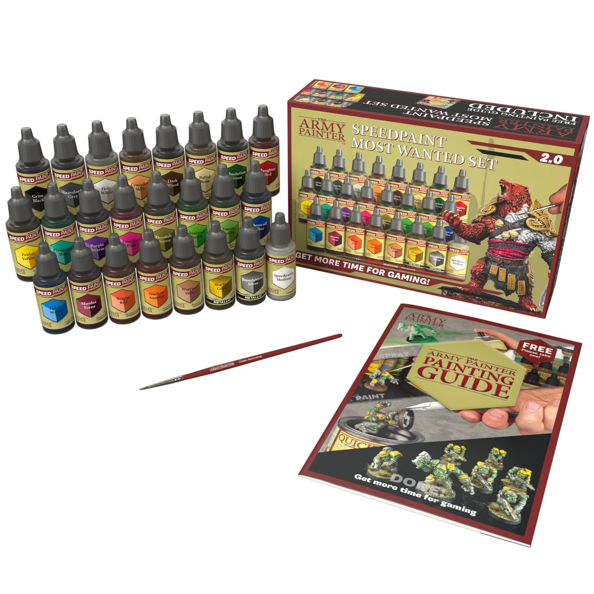 Expanded view of the Most Wanted Set including 24 paints, a painting guide, and a specialized basecoating brush.