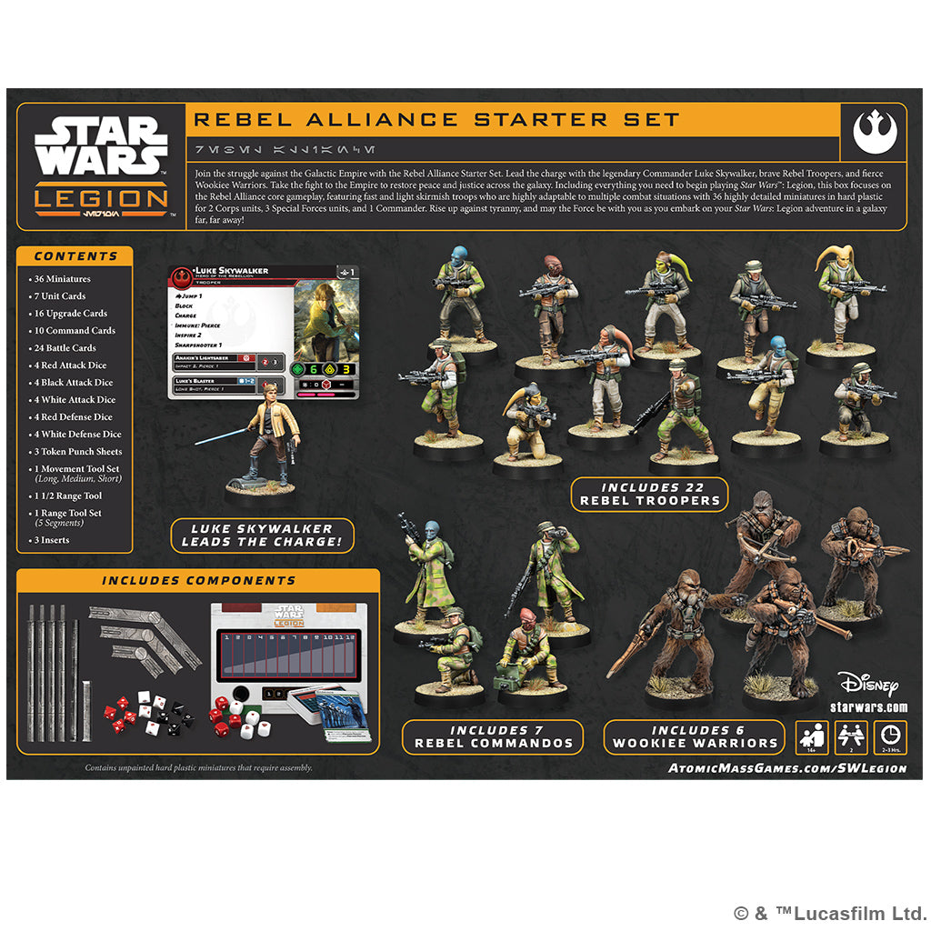 Back of box overview showing all 36 hard plastic miniatures, unit cards, dice, and movement templates in SWQ01.