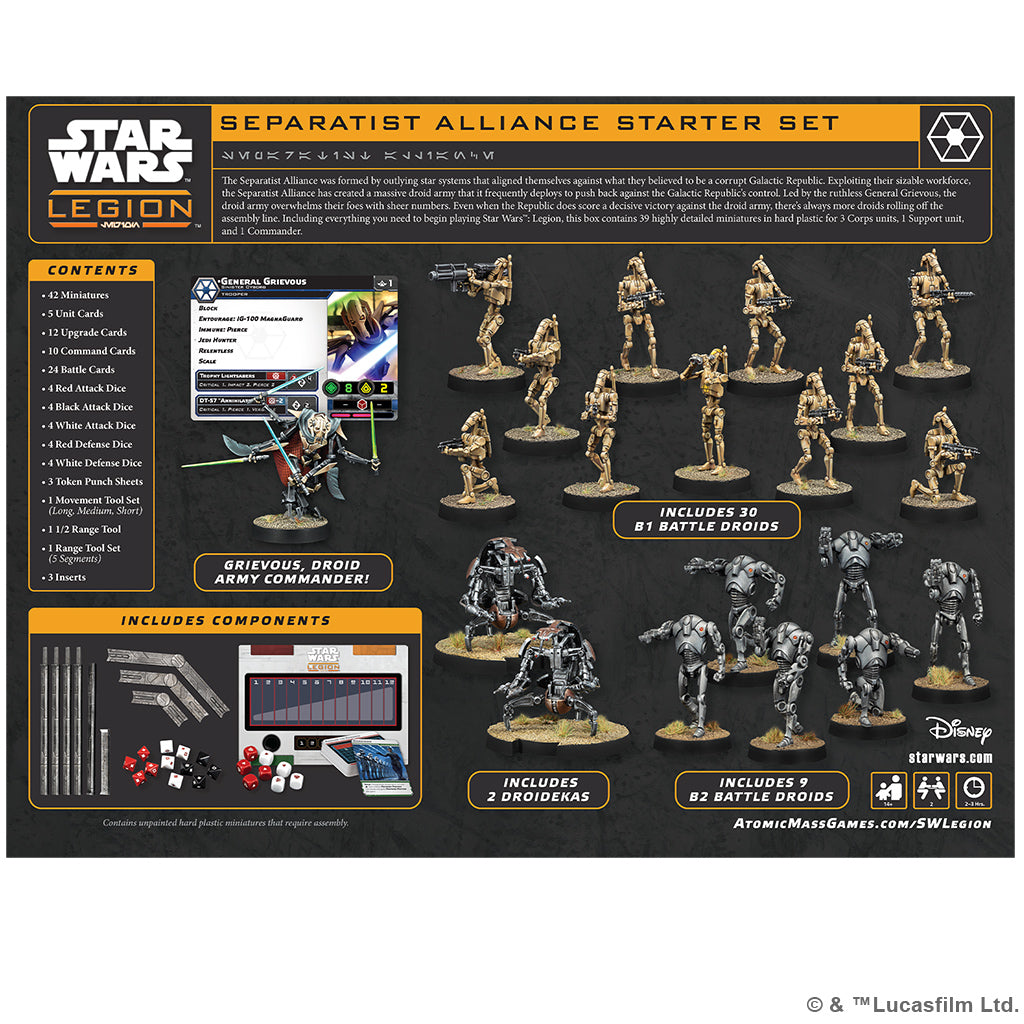 Full components of the Star Wars Legion Separatist Starter Set including 42 miniatures, cards, dice, and range tools.