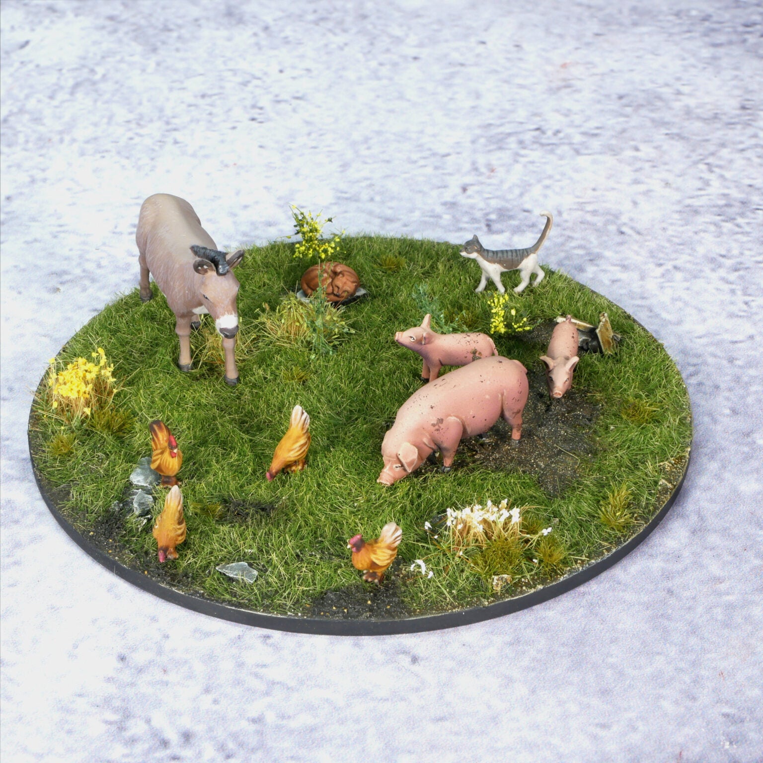 Tabletop Workshop 1/72 scale painted donkey, pigs, and chickens for historical scenery