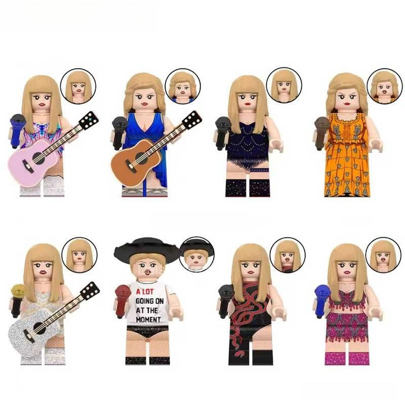 Minifigure Toys Taylor Swift Eras Tour Set 2 custom minifigures featuring iconic stage outfits guitars and microphones.