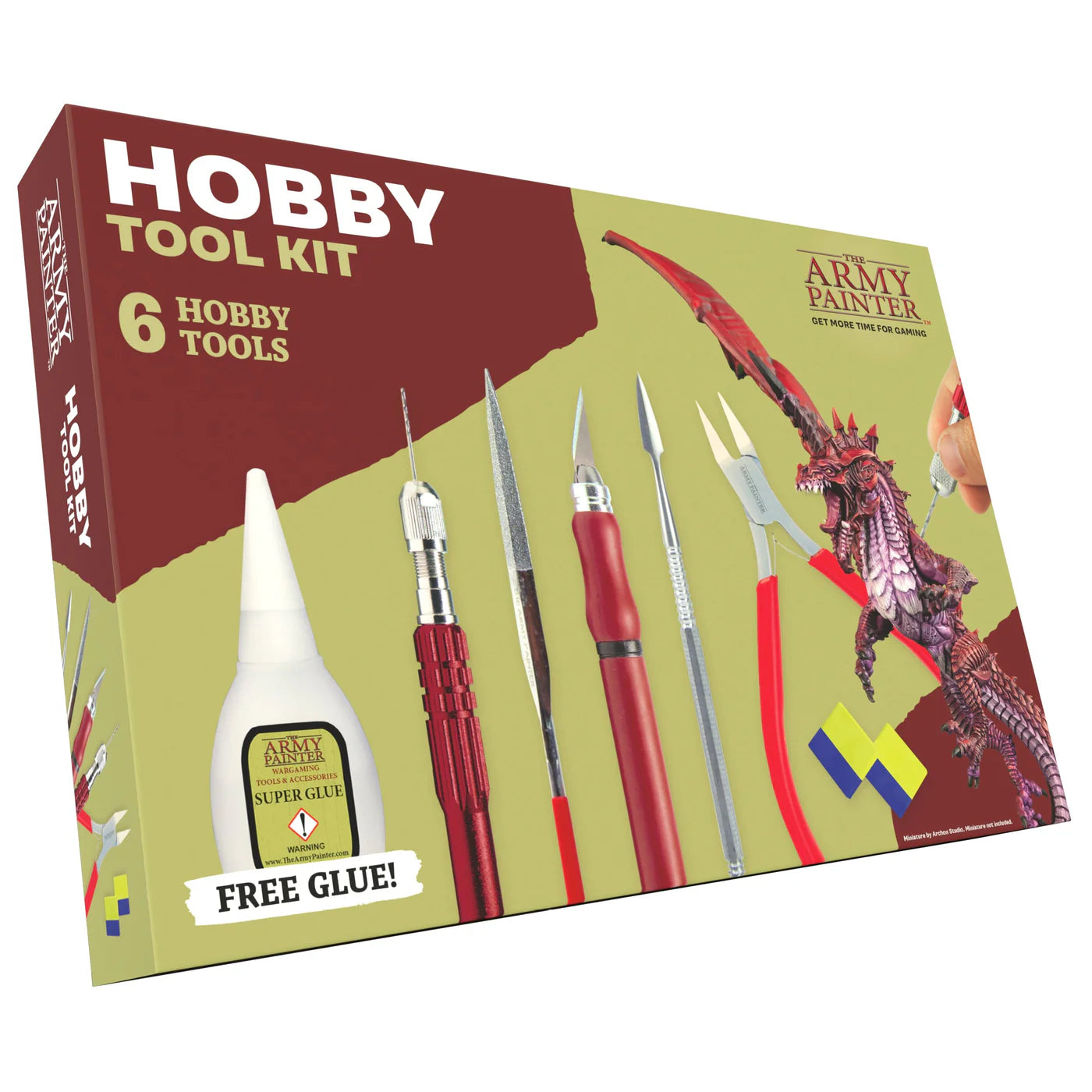 The Army Painter Hobby Tool Kit box showcasing the 6 included tools and the "Free Glue" promotion.