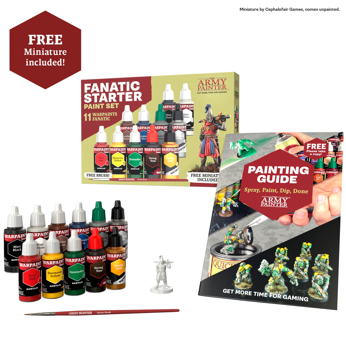 Full unboxed view showing the 11 dropper bottles, starter paint brush, painting guide booklet, and plastic miniature.