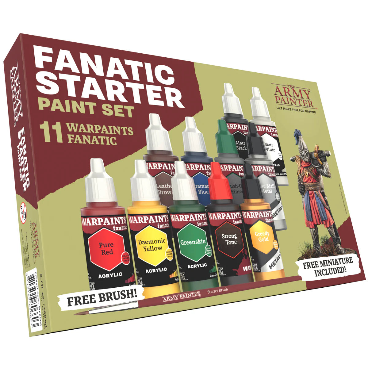 Retail box packaging for the Warpaints Fanatic Starter Paint Set featuring an unpainted miniature callout.