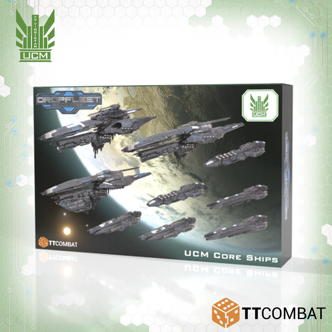 Box packaging for the TTCombat Dropfleet Commander UCM Core Ships miniature set displaying industrial warships against an orbital Earth background