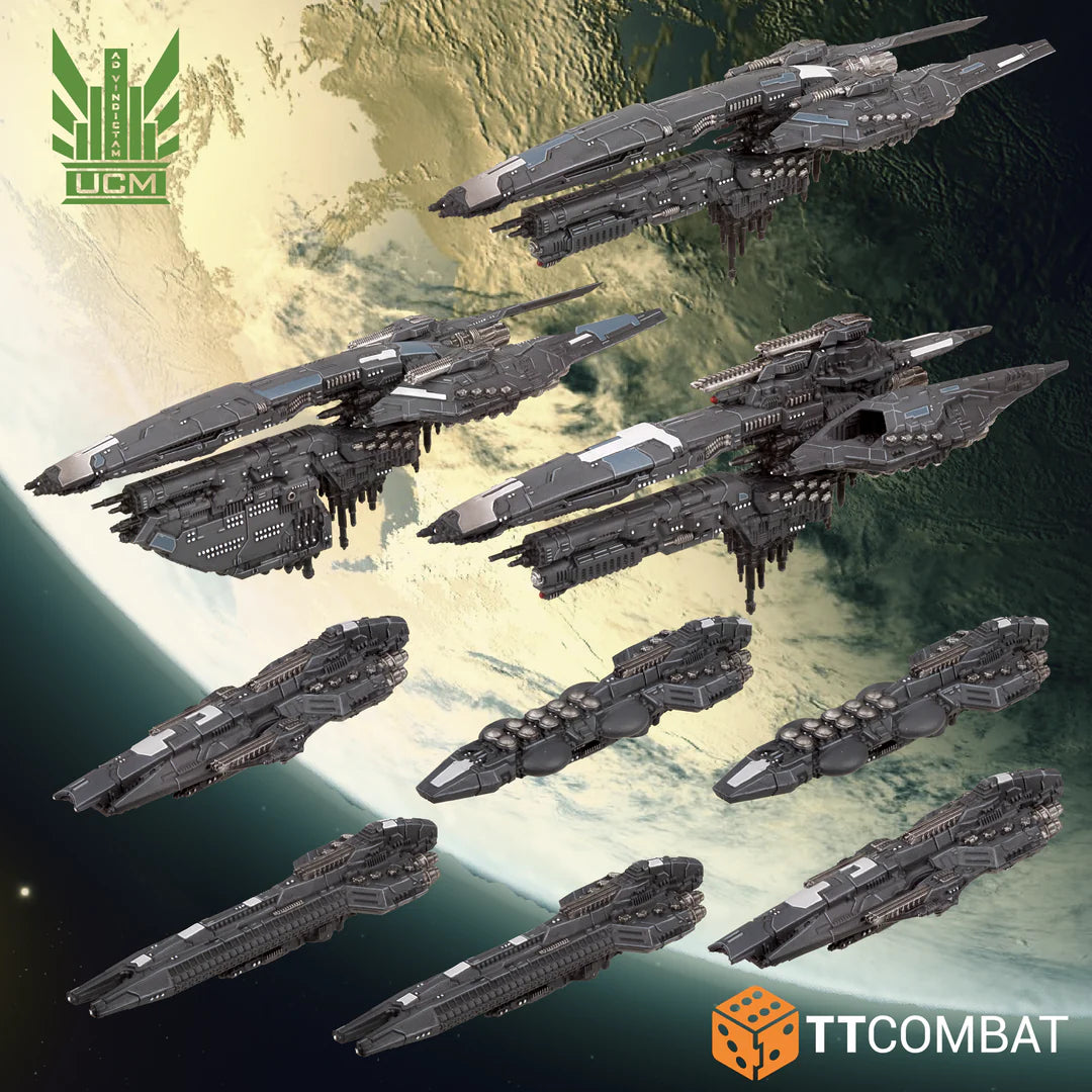 Assembled studio painted models of the United Colonies of Mankind fleet including three cruisers and six frigates