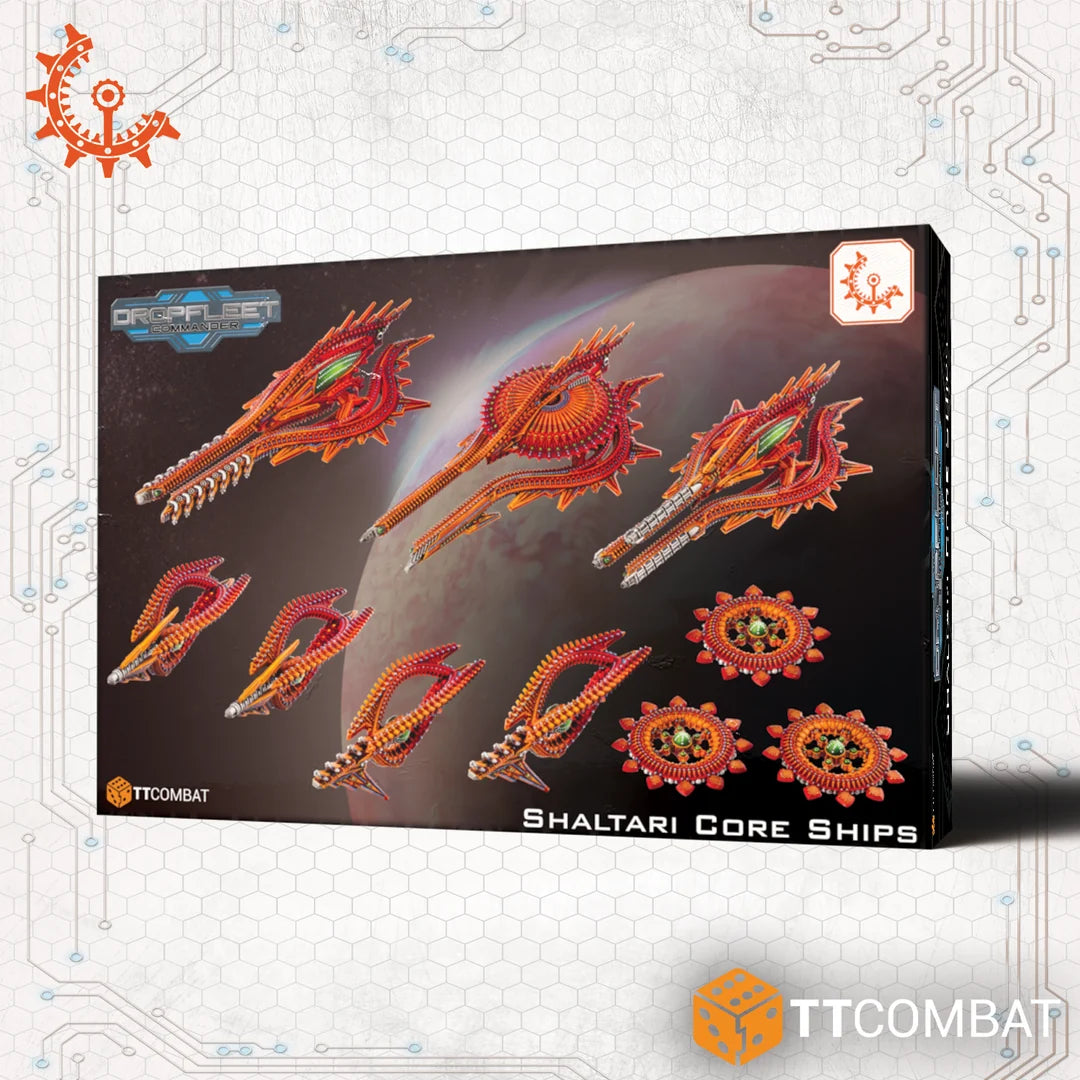 Box packaging for the TTCombat Dropfleet Commander Shaltari Core Ships set displaying orange alien warships against a deep space planet backdrop