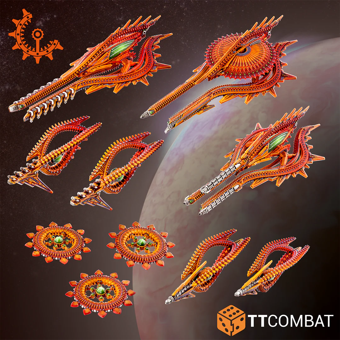 Assembled and studio painted Shaltari fleet models showing cruisers, frigates, and circular voidgates