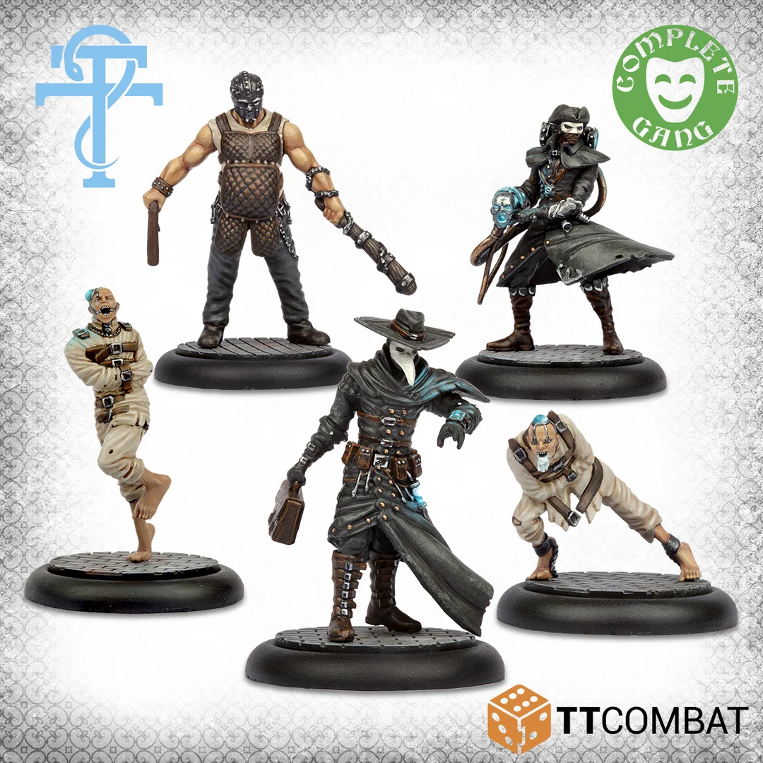 Group photo of five studio painted Carnevale The Doctors resin miniatures mounted on round bases