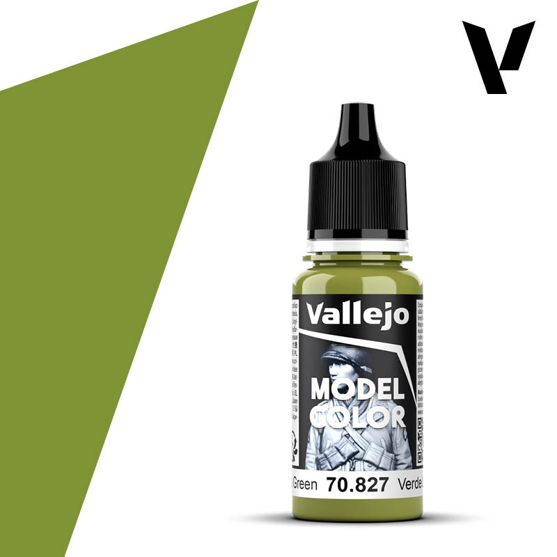 New 18ml transparent r-PET bottle of Vallejo Model Color Lime Green (70.827) featuring a fast-drying, self-leveling matte finish.