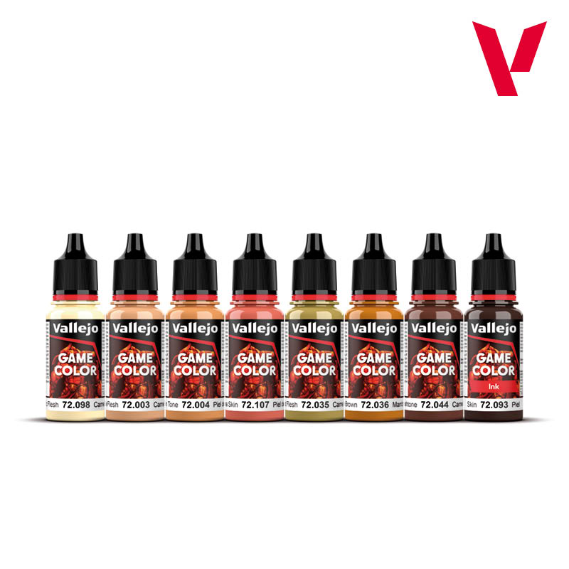 Individual 18ml dropper bottles from the Vallejo Skin Tones set, including Elfic Flesh, Dead Flesh, and Skin Ink.